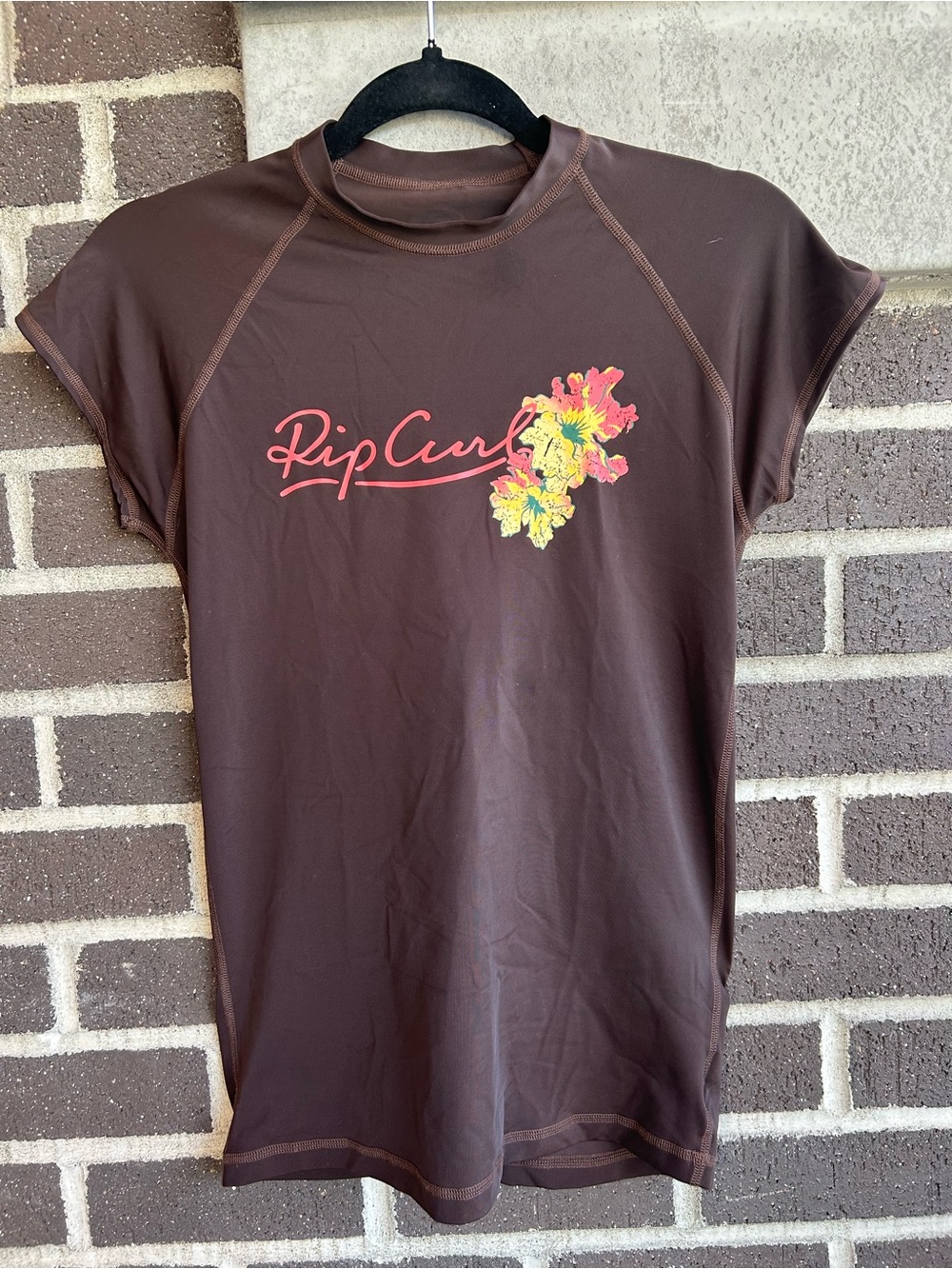 Rip Curl Brown Floral Script Rash Tee - Size 12